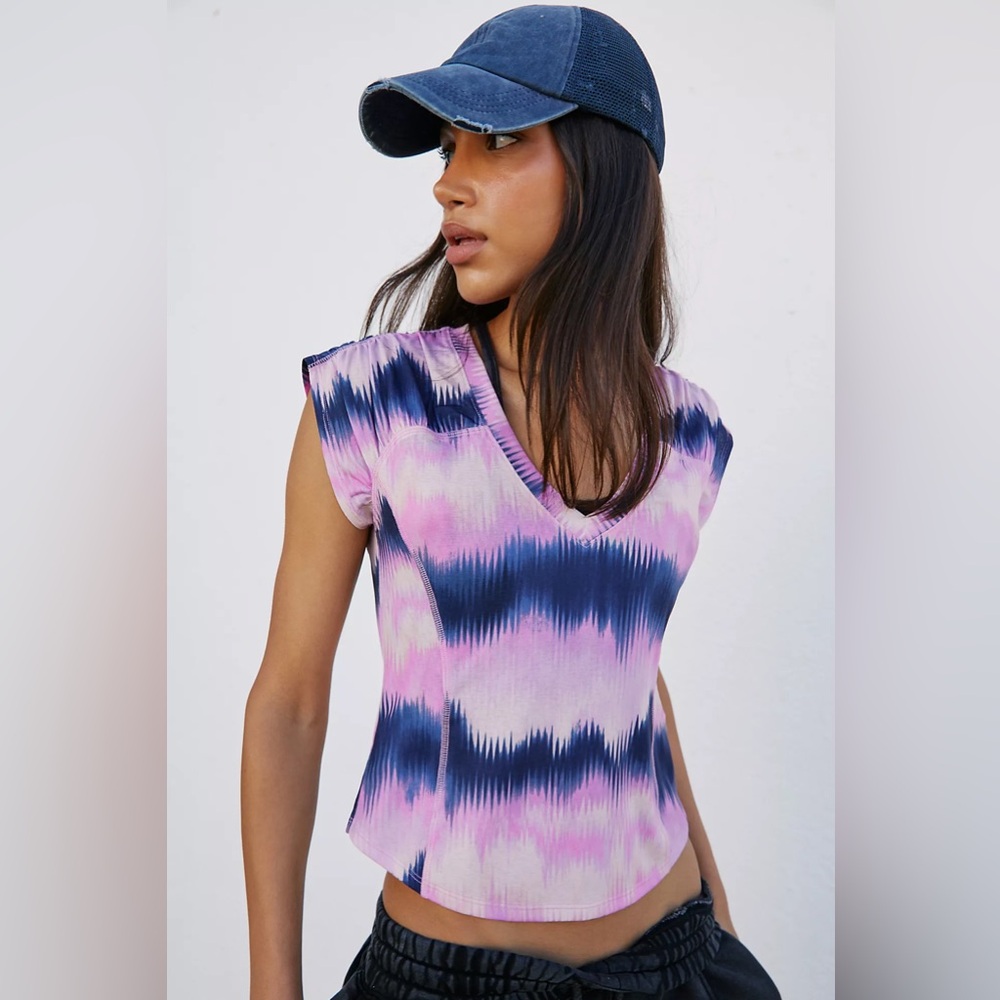 FP Movement by Free People V-Neck Pink and Blue Top